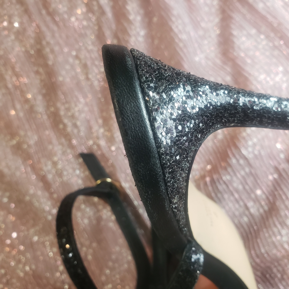 Stuart Weitzman Black Glitter Strappy Ankle Strap Heel Sandals Size 8 - Picture 5 of 9